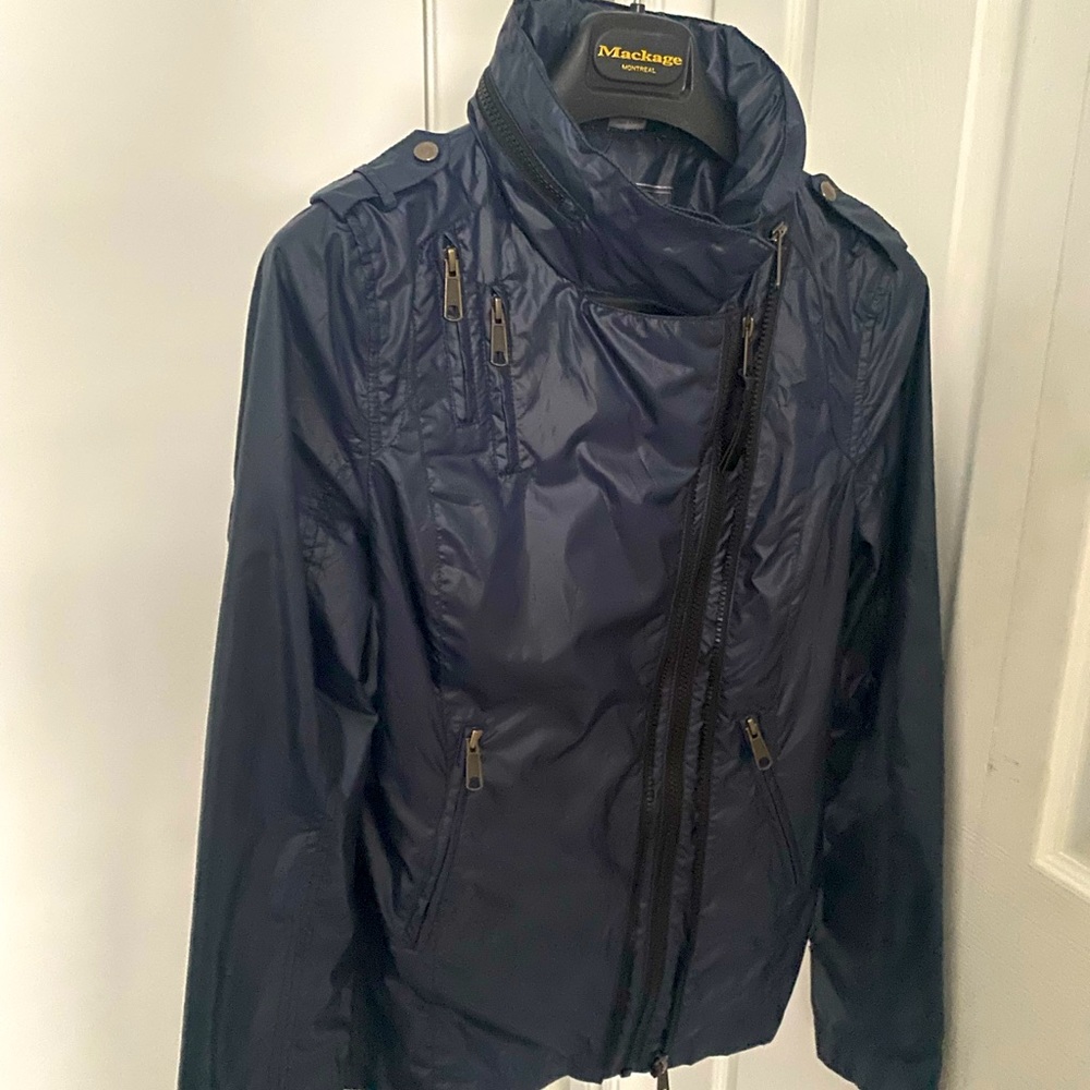 Mackage Rain Jacket- navy nylon with hidden hood and asymmetrical double zipper